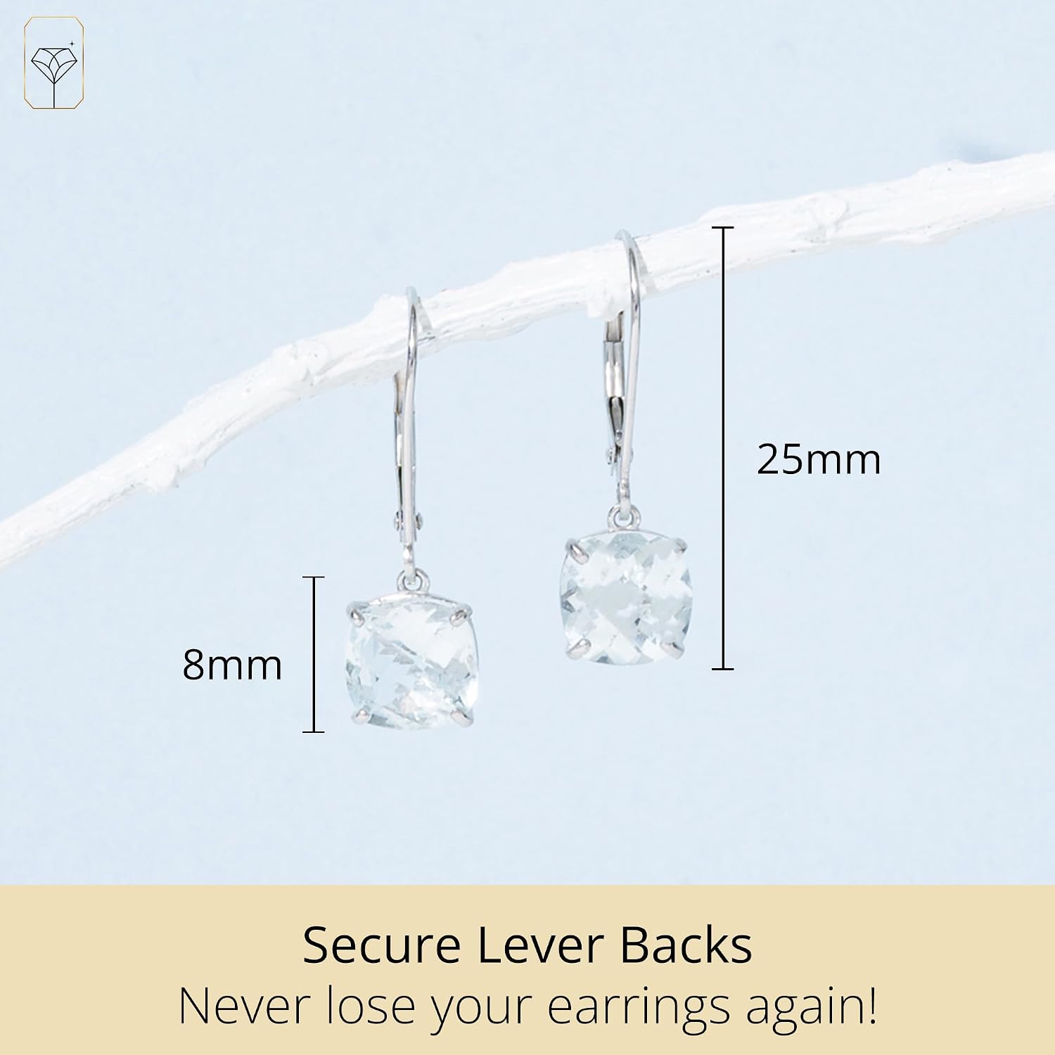 14k White or Yellow Gold Cushion Cut Gemstone Dangle Earrings for Women with 8mm Birthstones by MAX + STONE