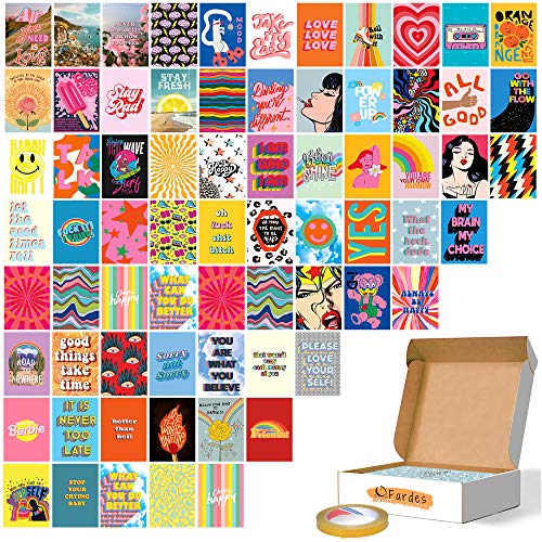 Fardes Wall Collage Kit Room Decor Aesthetic Pictures - Aesthetic Indie Posters - Colorful Indie Room Decor for Teen Girls - Hippie Teen Room Decor Aesthetic for Bedroom - Baddie and Cute Teen Girl Room Decor 70 Pcs of 4x6 Inch, With Double Side Tape