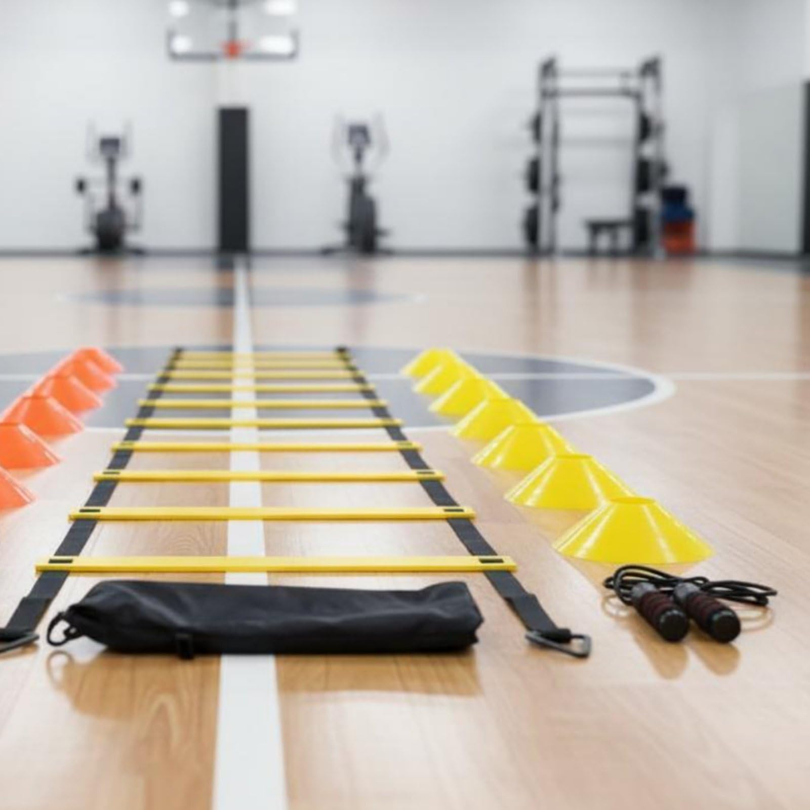 Generic Scaletta Agility Sportiva Kit Allenamento Velocità Coordinazione Rapidità Reattività con Coni E Corda Salto in PP E Cinghie Nylon Pioli Regolabili 12 Adatta a Calcio Basket Football Palestra