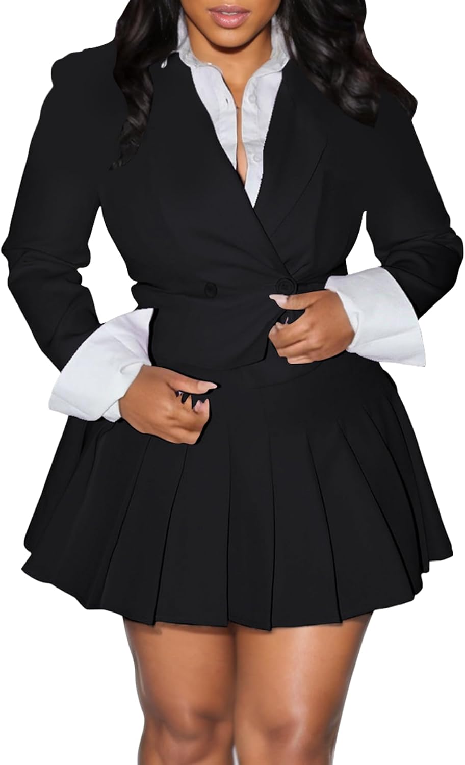 Ptorlio Women Business Casual 2 Piece Outfits Cropped Blazers Jackets and Pleated Mini Skirt Matching Sets Suits