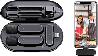 Wireless Lavalier Microphones，with charging case, Szeshineco Lapel Mic Wireless for Iphone Ipad, Lightning Port, Plug & Play,2.4GHZ Auto Sync Noise Reduction (with 2 Mics)