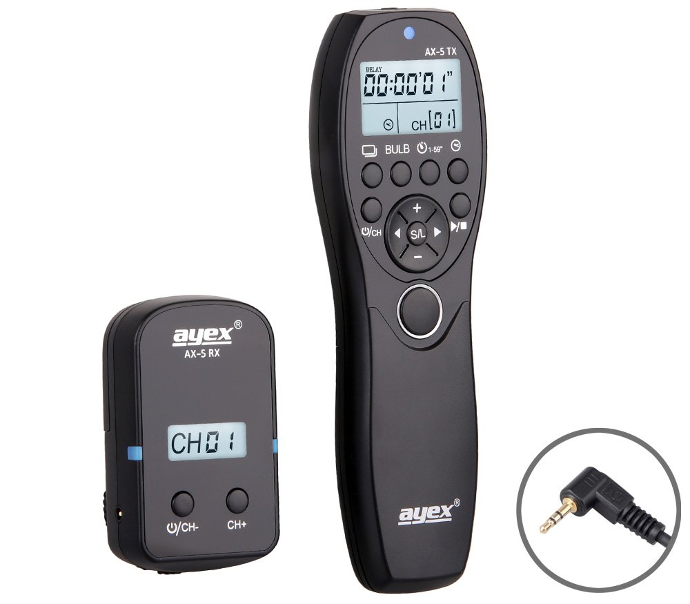 ayex AX-5 scatto remoto wireless con timer - compatibile con Canon (E3) EOS R, RP, 80D, 1500D, 1300D, 1200D, 1100D, 760D, 750D, 650D, M6 ecc.