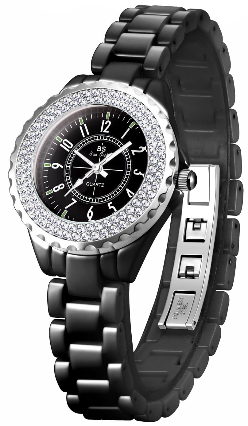 Reloj analógico de cuarzo con cristal de Swarovski, resistente al agua, de cerámica blanca, para mujer, Negro -