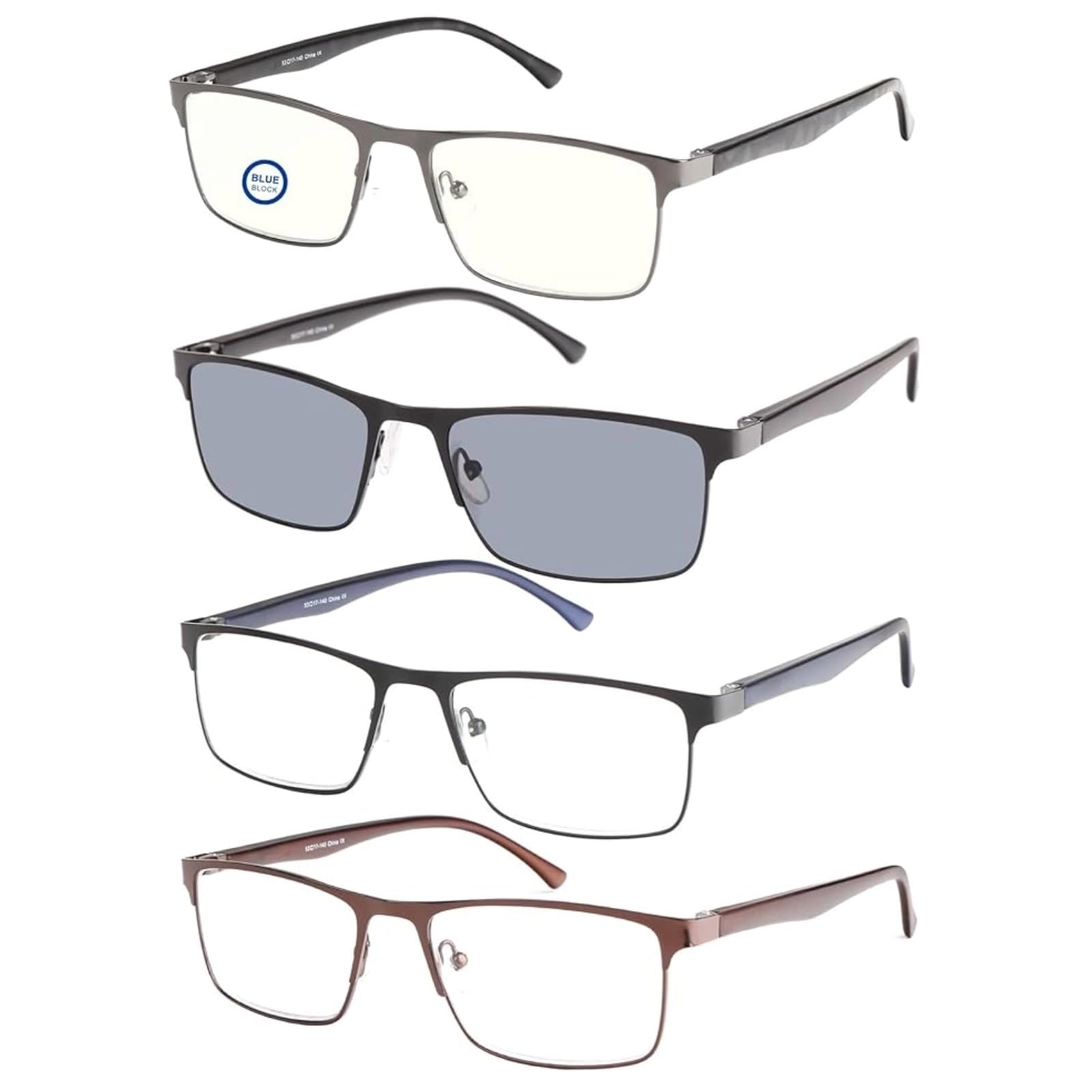 EFE 4-PACK Gafas de lectura para Hombre, Bisagras de Resorte, Marco Rectangular, Gafas de Lectura Metal Bloquea la Luz Azul, incluido Gafas de lectura para el sol, anti UV