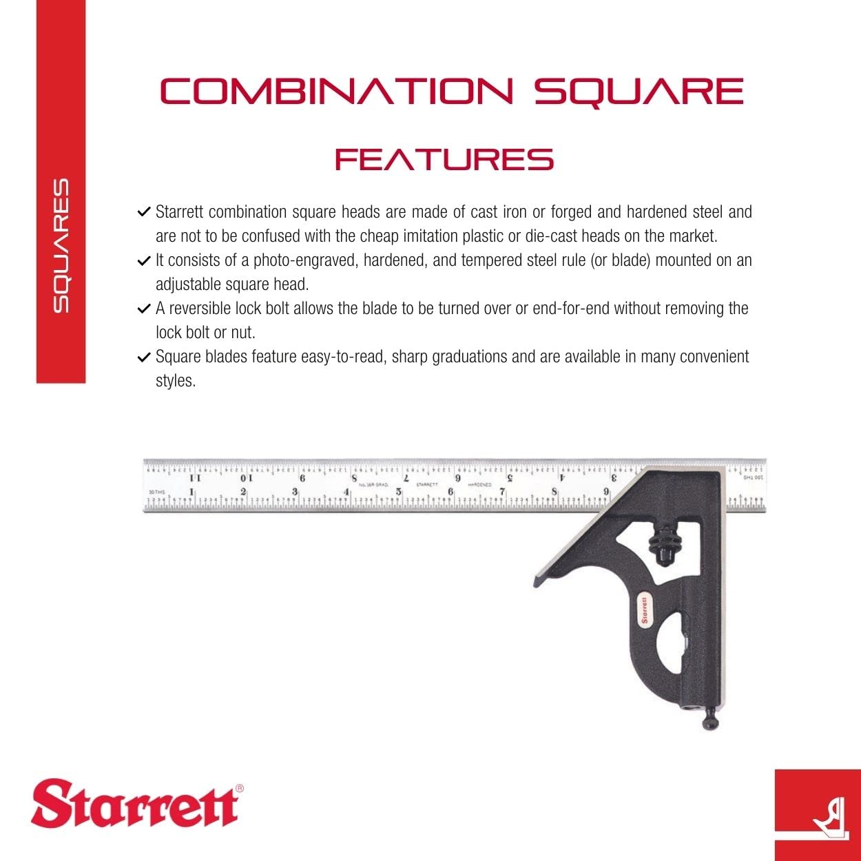 Starrett C11H-12-16R - Squadra combinata con testa in ghisa e finitura rughe nere