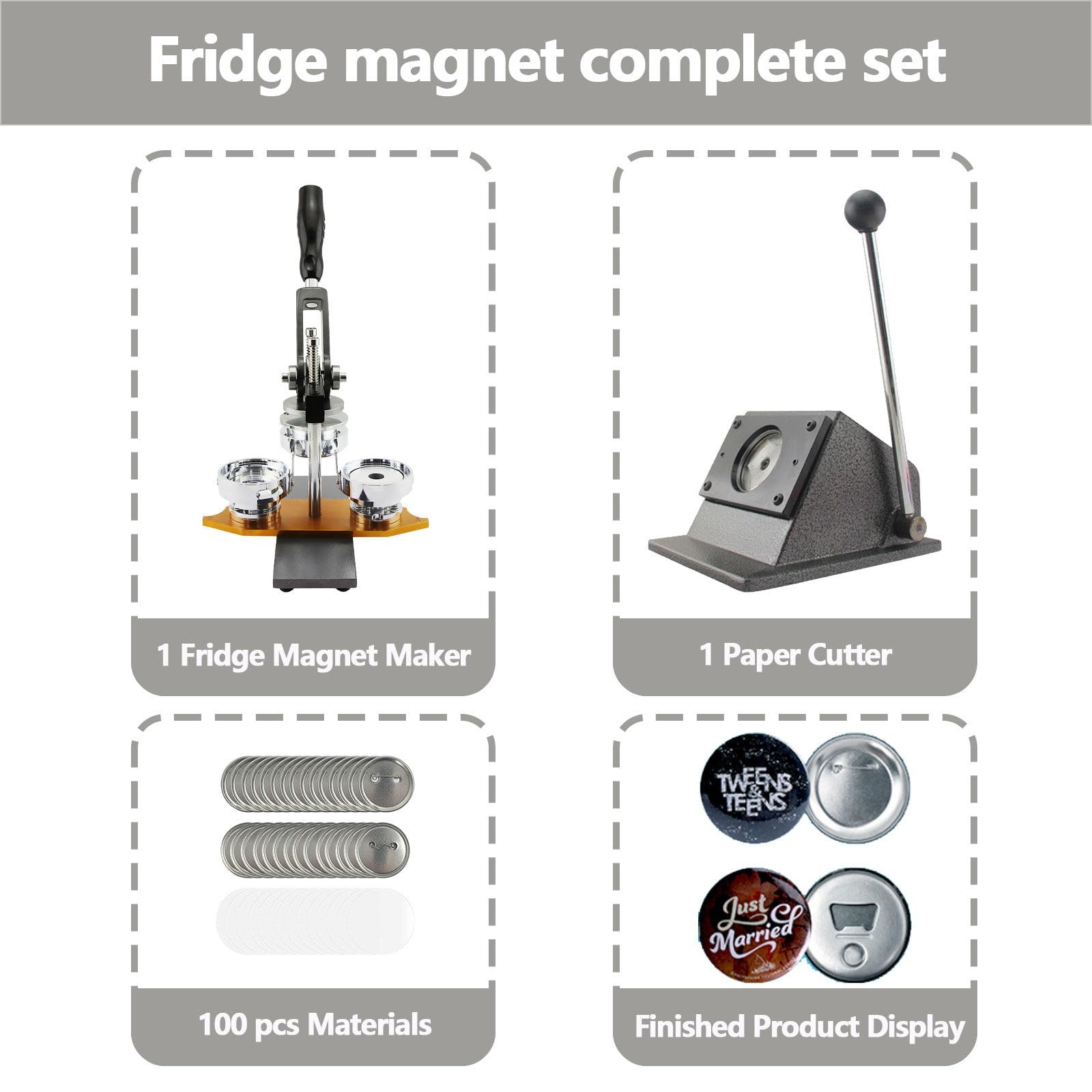 Máquina para hacer botones imantados redondos para nevera, máquina para hacer pines cuadrados metálicos para imanes de nevera, kits de prensa para chapas DIY con 100 sets de suministros. 58mm