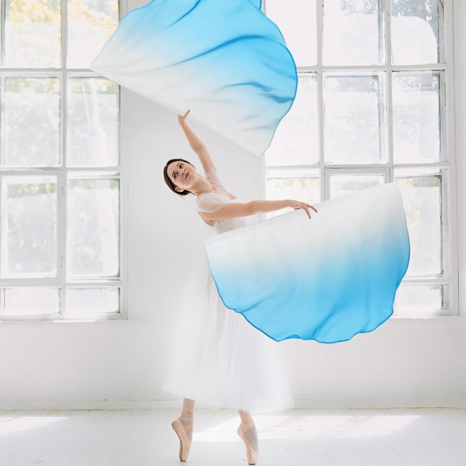 HunnmingRe 8 Set Worship Dance Flags with 8 Pcs Scalable Rod 29.5 x 39.3 Inch Praise Church Flags Semicircle Worship Angel Wing for Girls Adults Practice Performance(Gradient Blue and White)
