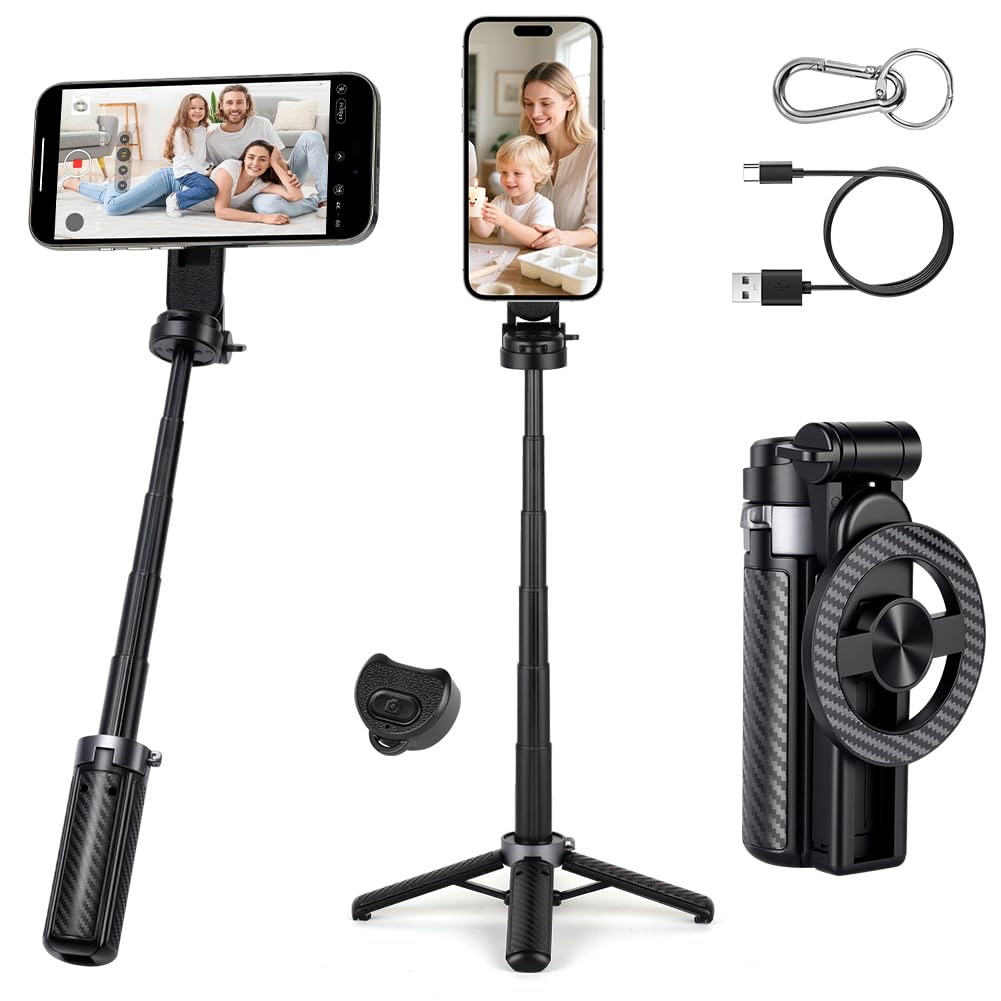 Ainiv Magnetyczny statyw na telefon komórkowy, 4 w 1, statyw do selfie, obracany o 360°, stojak na telefon z bezprzewodowym pilotem zdalnego sterowania, składany stojak na telefon komórkowy