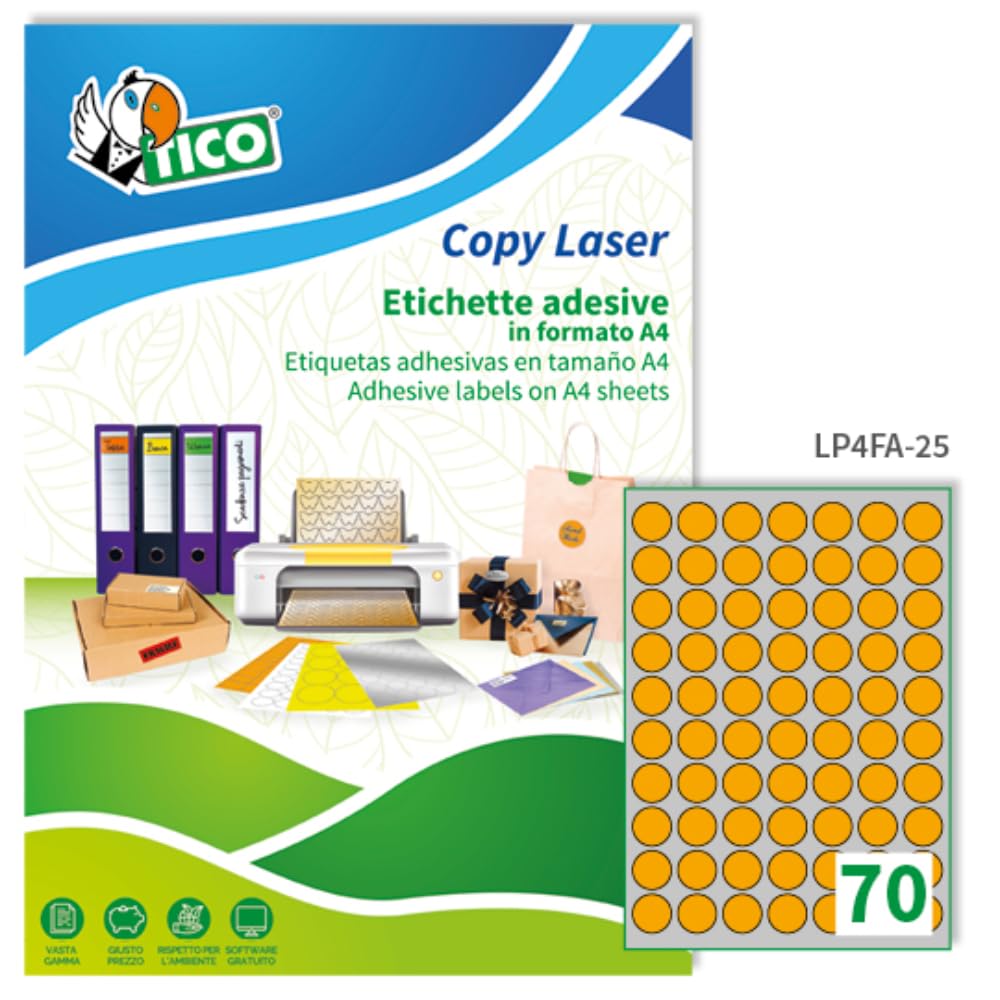Tico Italia LP4FA-25 Etichette adesive arancioni fluo, 70 fogli A4, rotonde diam 25mm, 70 etichette per foglio, adesivo permanente, stampanti laser e inkjet
