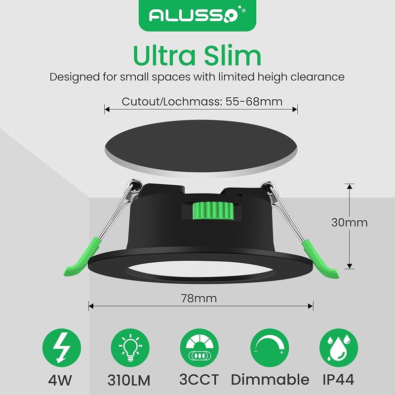 ALUSSO LED Süllyesztett Spotlámpa Szett 6db - Fekete, Lapos, IP44, Fényerőszabályozható, 230V, 4W, 3 Színhőmérséklet, Fürdőszobai