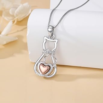 YDD SHINYKEND Moissanite Cat Urn Necklace for Women, 925 Sterling Silver Heart Cat Urn Pendant Necklace, Memorial Jewelry for Urns, Memory Of Loved Ones Family Pets