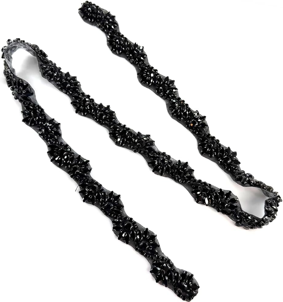Black Iron on hotfix Hand-Made Beaded Trim,1 inch Wide 36 inch Lengh Rhinestones Chain,Rhinestone Trim by The Yard for Bridal Belt Hair wear Bag Shose Decoration Accessories (Black-B)