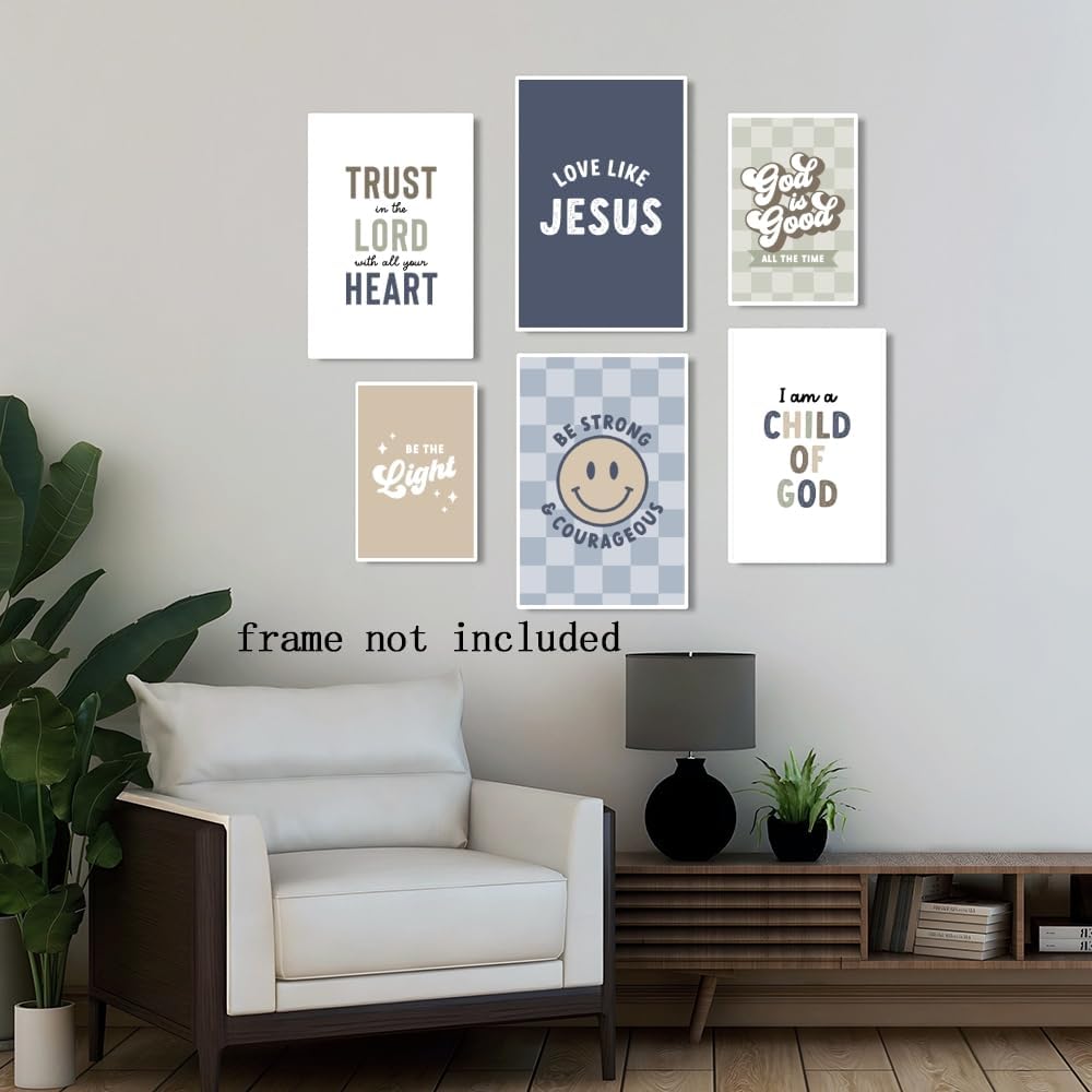 Bible Verses Wall Art 6Pcs Christian Boy Nursery Wall Decor Blue Kids Room Posters Scriptures Religious Inspirational Canvas Print Modern Children Christian Pictures for Bedroom 8x12inch Unframed