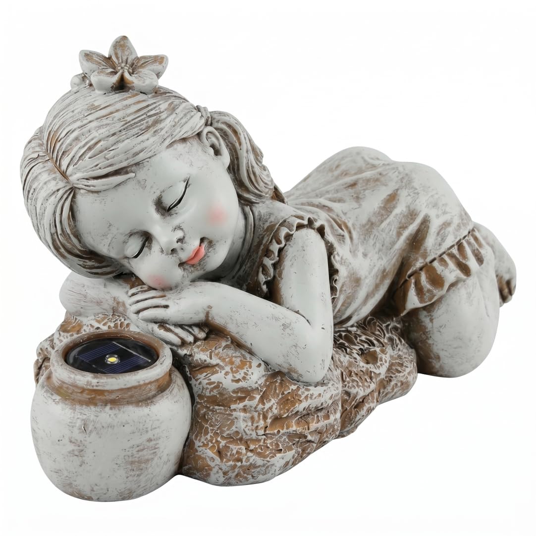 Otbushit solar garden statues: Solar Statues for Yard and Garden, Waterproof Resin Boy Statue Outdoor -Powered Kids Figurine, Girl