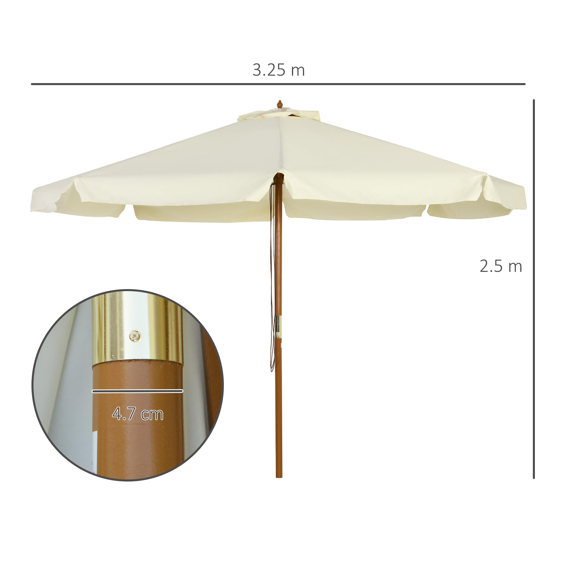 Outsunny Ombrellone da Giardino Ø3.25m con Corde, Apertura Regolabile e Prese d'Aria, Ombrellone da Esterno con 8 Stecche in Legno, Bambù e Poliestere 180g/㎡, per Cortile, Terrazza e Balcone