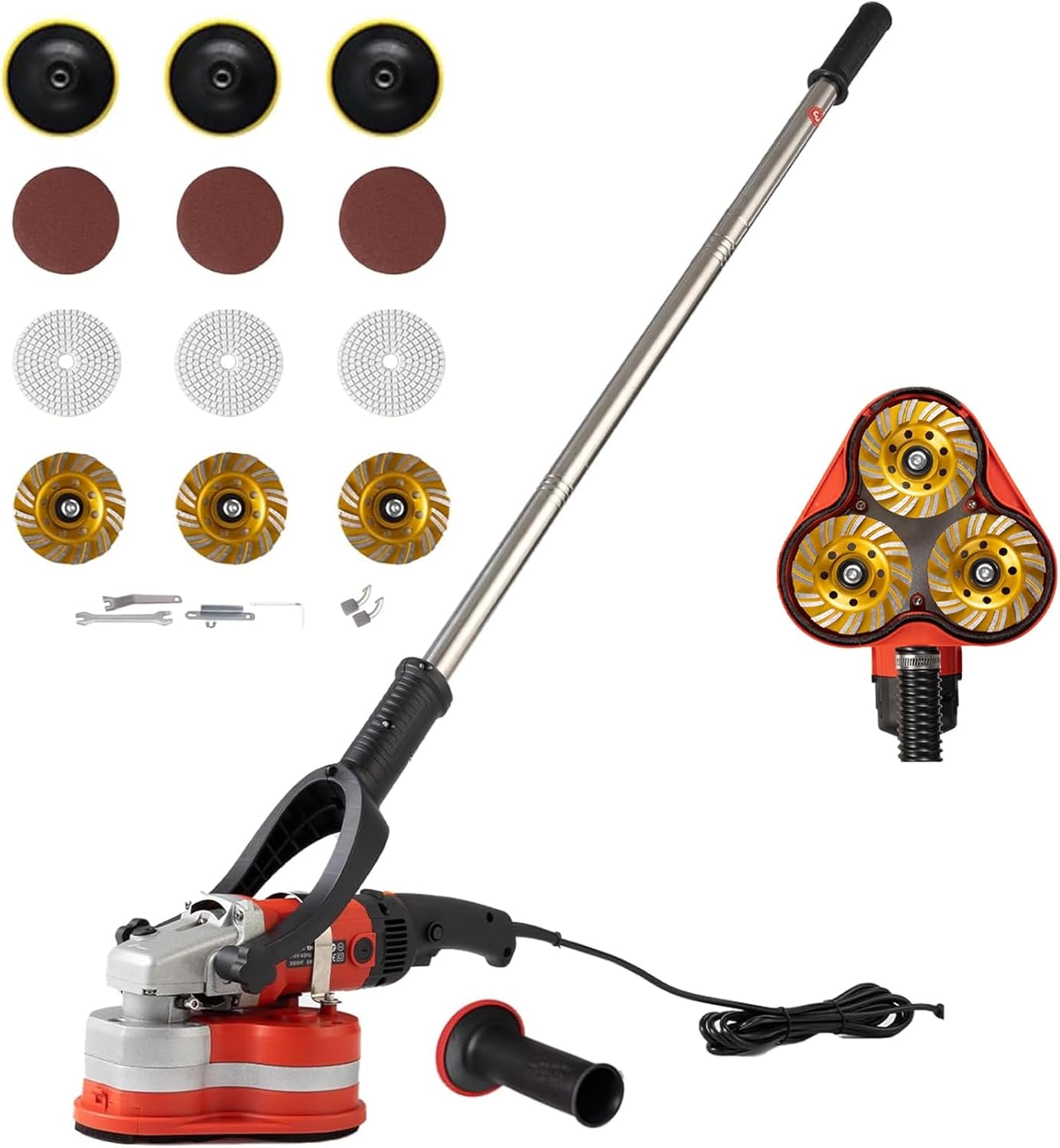 3000w Electric Diamond Polisher Machine, Concrete Surface Grinder Kit With 6 Diamond Wheels, Rock/Stone/Granite Polisher & Dust Vacuum Attachment For Cement, Marble, Epoxy Floors