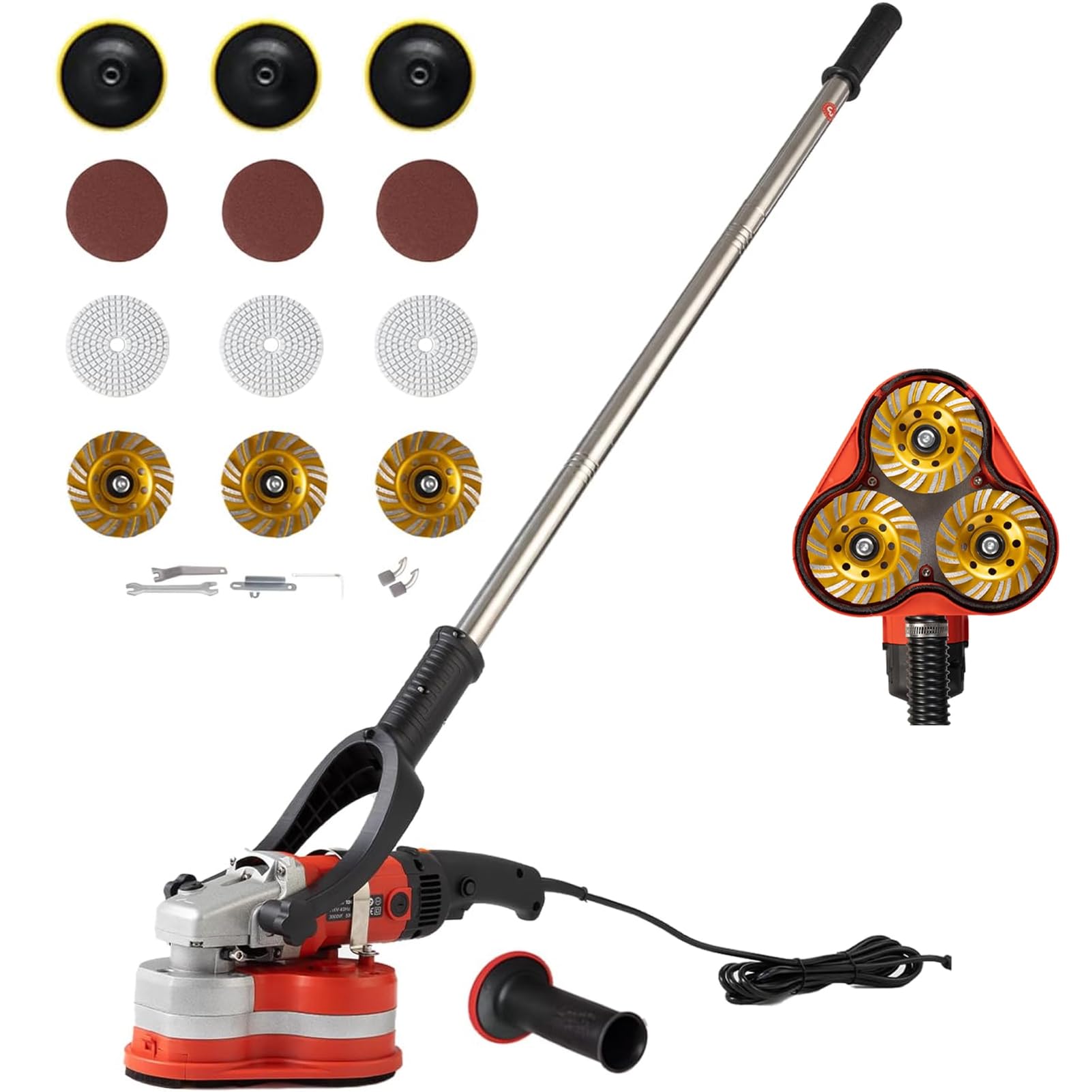 Pulidora de Diamante Eléctrica 3000W, Amoladora de Hormigón de Tres Cabezales con Extracción de Polvo para Superficies de Cemento, Mármol y Granito