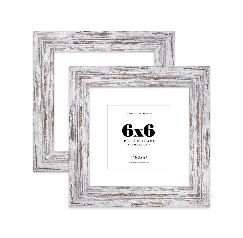 6x6" Distressed Wood Square Frame With Mount for 4x4" Pictures 28mm Edge Frame Display with Wall Hooks and Kickstand, 2 Pack