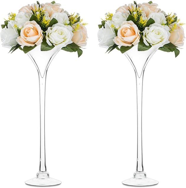 NUPTIO 2 Pcs Glass Trumpet Vase Long Stem Martini Vases Glass Wedding Table Centerpieces 40cm Height for Home Decoration Display Banquet Party Events Birthday Anniversary Reception Baby Shower