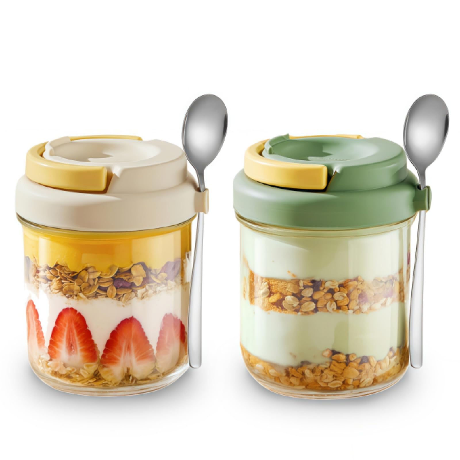 Siocok Beige/Green 2 Pack Overnight Oats Jars, Overnight Oats Container With Lid And Spoon, Airtight Breakfast Jar, 14 Oz Glass Porridge Container To Go For Oat, Pudding, Milk, Cereal, Fruit, Yogurt, Salad, Vegetable