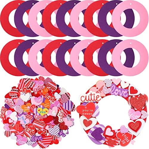 18 Sets of Heart Wreath Kits Valentine's Day Art and Craft Supplies Includes DIY Felt Ornament Wreath Felt Stickers and Ropes Kids Valentine Craft for School Classroom Valentine Party Exchange Gift