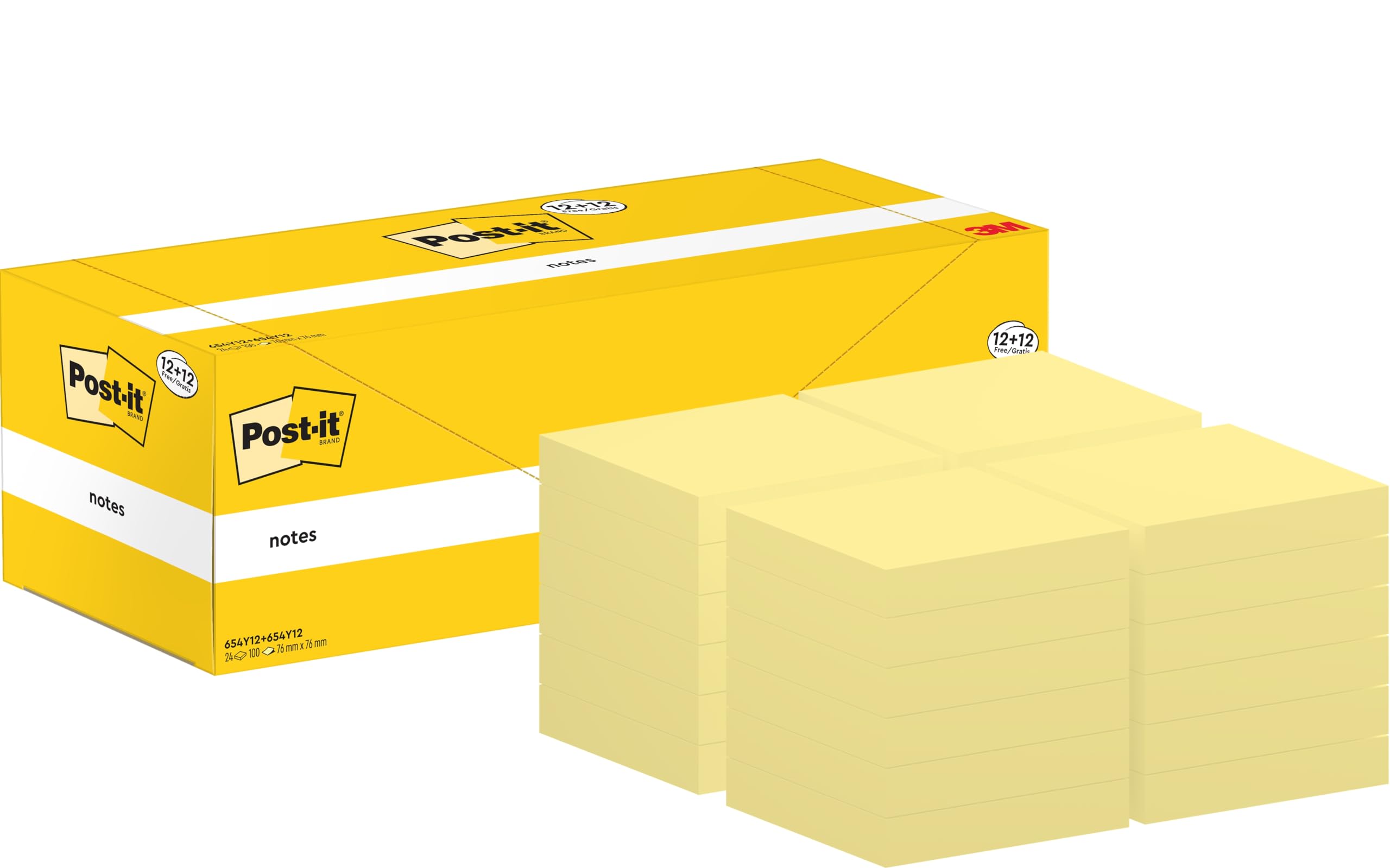 Post-it Notas Canary Yellow, Paquete de 12 Blocs de Notas + 12 Blocs Gratis, 100 Hojas por Bloc, 76 mm x 76 mm, Color Amarillo - Notas Adhesivas para Listas de Tareas y Recordatorios
