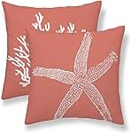 Coastal Pillow Covers 18 x 18 Inch Set of 2, Nautical Starfish Coral Throw Pillow Covers Outdoor Farmhouse Beach Pillowcase Linen for Home Couch Sofa Decor