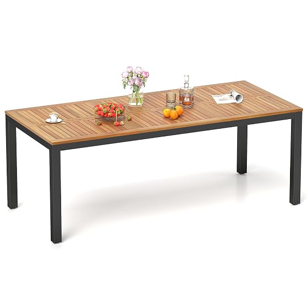 RELAX4LIFE Patio Outdoor Dining Table for 8, 79’’ x 35.5’’ Acacia Wood Rectangular Table w/Slatted Top, Umbrella Hole & Metal Legs, Indoor Outdoor Picnic Bistro Table, 8-Person Patio Dining Table