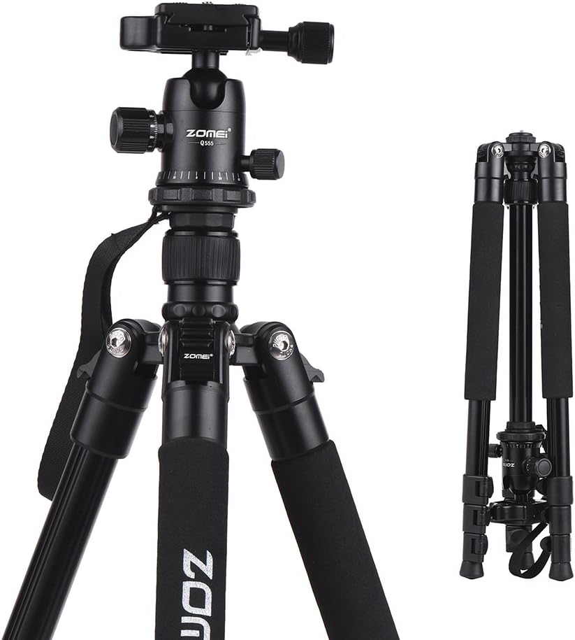 ZoMei Q555 Aluminum Alloy Travel Portable Camera Tripod with Ball Head/Quick Release Plate/Carry Bag for Canon Nikon Sony DSLR, 63in