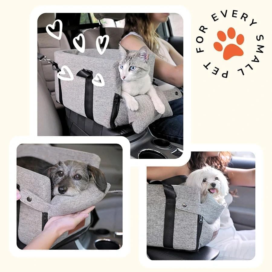 Center Console Dog Car Seat for Small Dogs and Puppies 5-13Lbs, Ideal Armrest Booster Car Travel Seat with Safety Protection Seat Belts, Storage Pockets - Reduces Anxiety (Woven - Grey) image 7 of 9 B0FJ9YHBCX