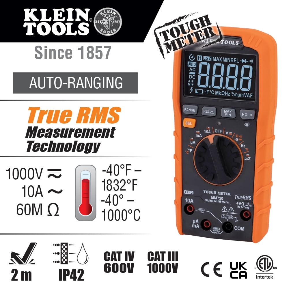 Klein Tools MM720 Digital Multimeter, Auto-Ranging TRMS, Low Impedance (LoZ), 1000V AC/DC Voltage, 10A AC/DC Current, 60 MOhms Resistance — Amazon image 7