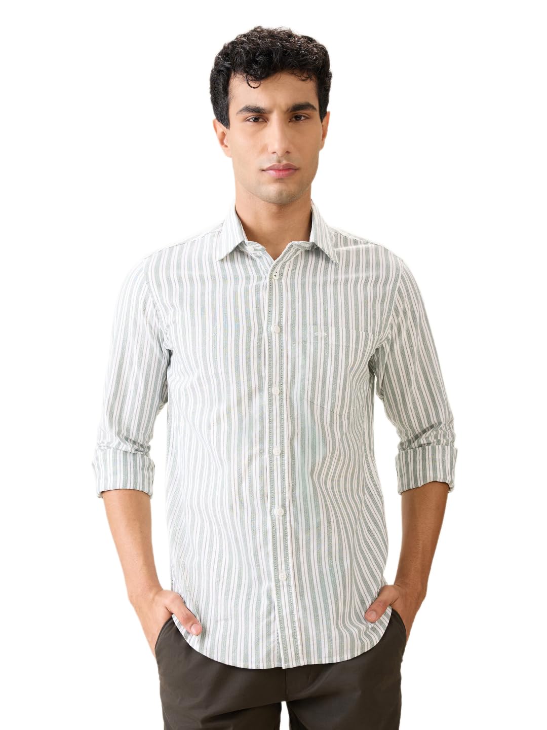 colorplus Men Slim Fit Stripe Pattern Pure Cotton Regular Collar Full Sleeve Casual Shirt-picture-35