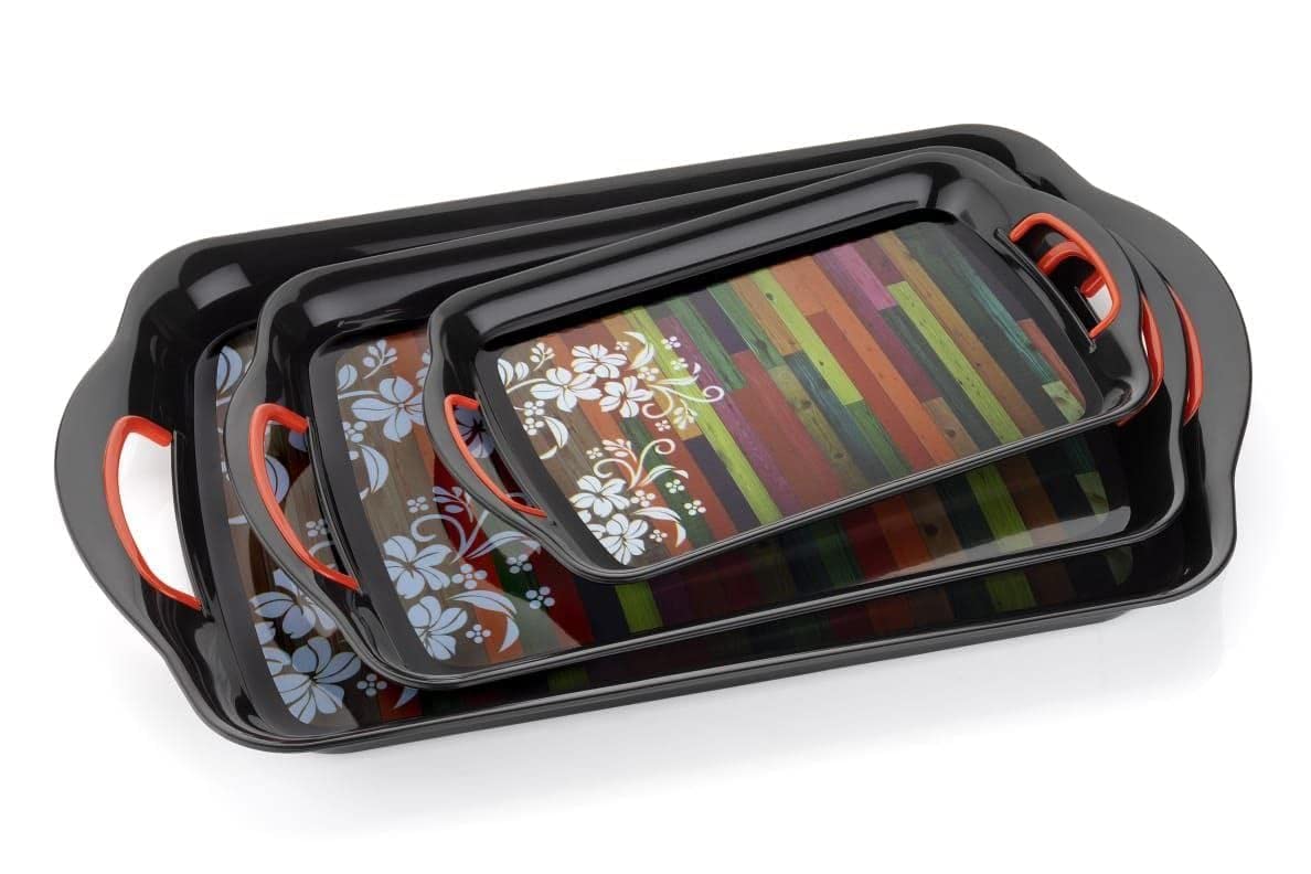 JORDY Rectangular Plastic Serving Tray/Serving Tray with Handle for Tea, Snacks, Breakfast, Dinner, Decorate Center & Dinning - Black (Pack of 3) (B0CQJLL8XX) Amazon Price History, Amazon Price Tracker