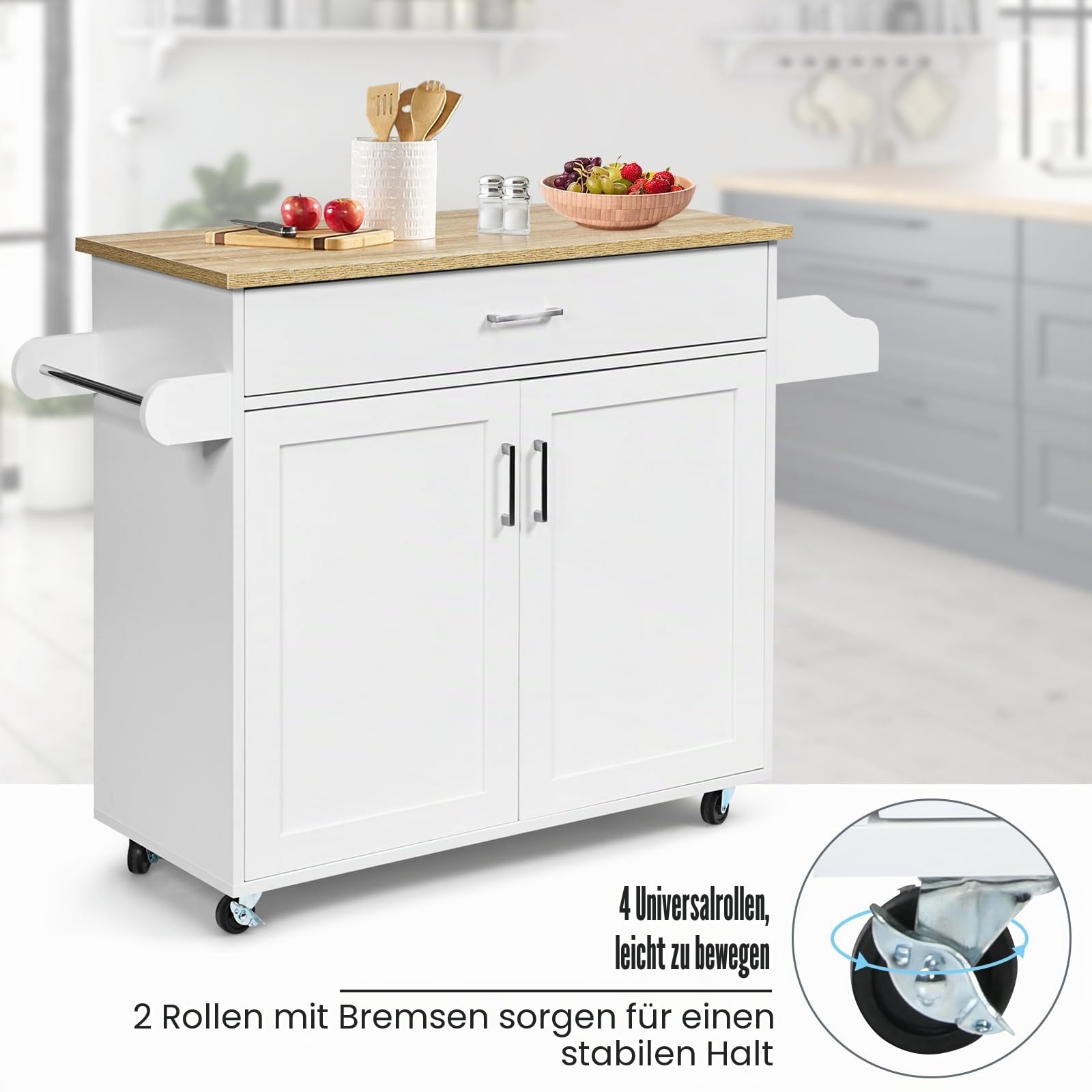 KOMFOTTEU Küchenwagen Servierwagen mit Arbeitsplatte, Küchenschrank Holz mit Rollen, Kücheninsel küchentrolley mit Schublade und verstellbarem Regal, Gewürzregal, Küchenrollwagen 116x40x85cm (Weiß)
