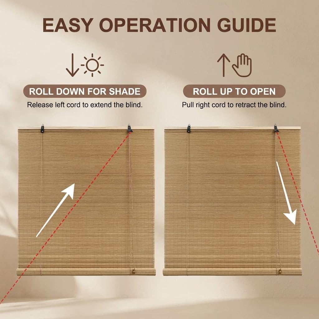 Bamboo Blinds for Interior Windows, Custom Bamboo Shades for Indoor Windows, Light Filtering, Easy to Install, Bambo Roll Up Blinds for Outdoor Patio, Decks, Porch, Backyards