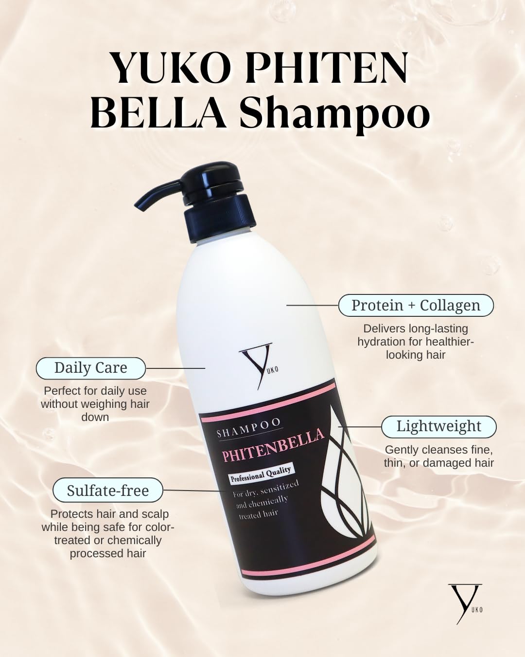 Yuko Phiten Bella Shampoo – Protein & Collagen, Lightweight Cleanse for Fine, Thin & Damaged Hair, Sulfate-Free, Color-Safe