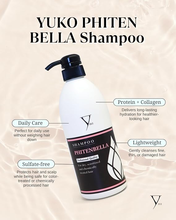 YUKO Phiten Bella Shampoo with Protein & Collagen, Lightweight Cleanse | Protein & Collagen, Lightweight Cleanse for Fine, Thin & Damaged Hair, Sulfate-Free, Color-Safe