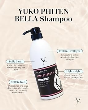 YUKO Phiten Bella Shampoo with Protein & Collagen, Lightweight Cleanse | Protein & Collagen, Lightweight Cleanse for Fine, Thin & Damaged Hair, Sulfate-Free, Color-Safe
