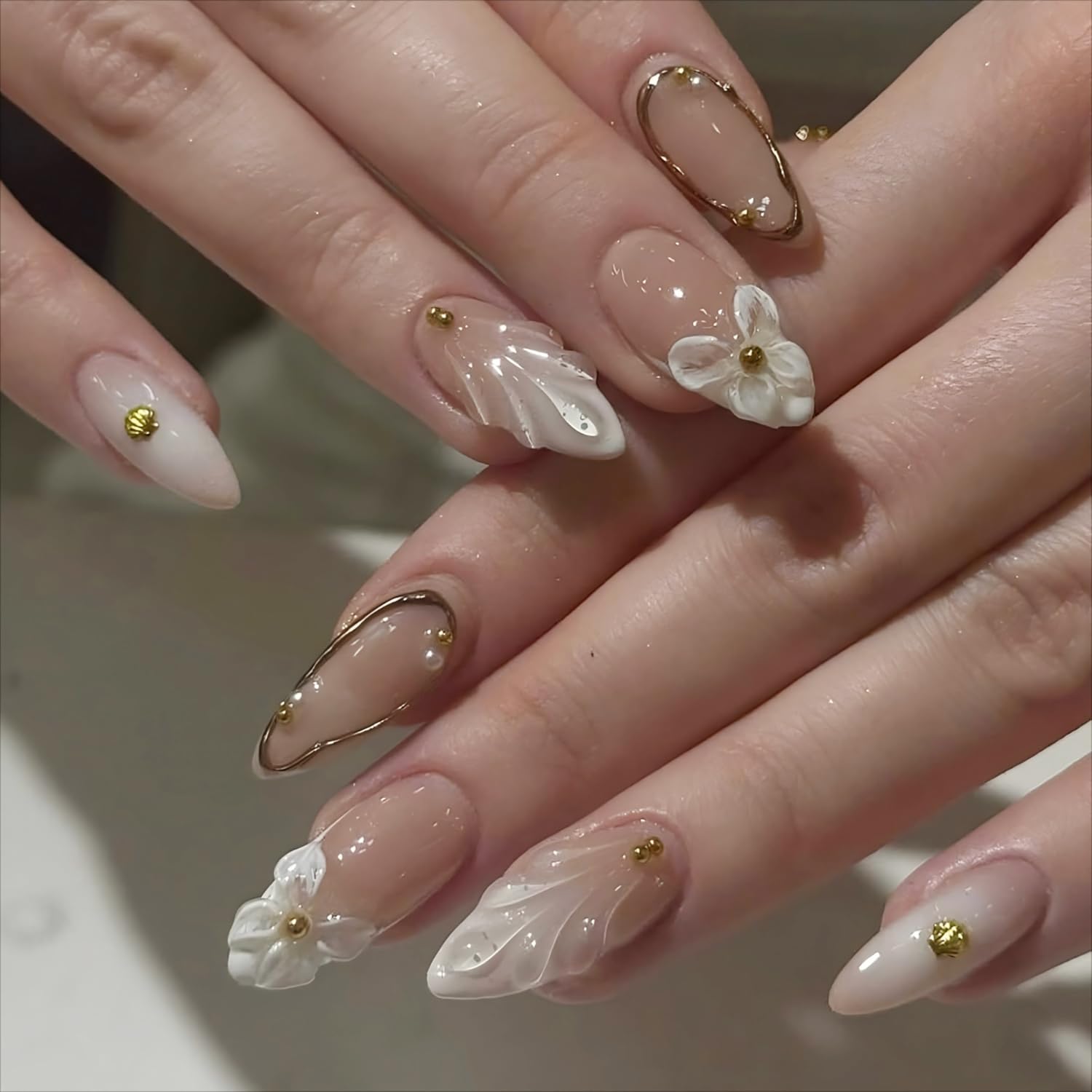 24Pcs White French Tip Press on Nails Medium Almond Fake Nails with 3D Flower Water Ripple Design Ocean Shell Rhinestones Glue on Nails Nude False