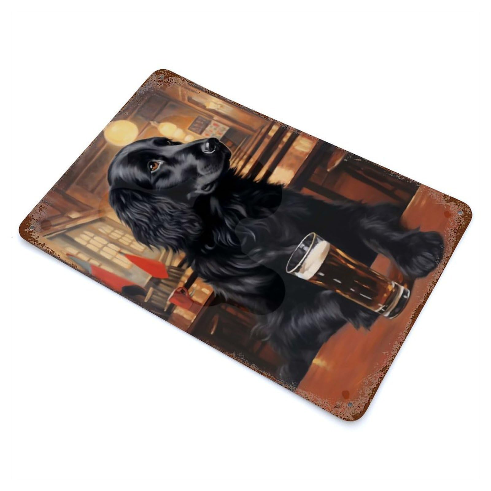 Aged Metal Wall Plaque with Beer Flat Coated Retriever Design 11.8"x7.9", for Basement, Hobby Room And Garage Decor, Farmhouse Wall Decor