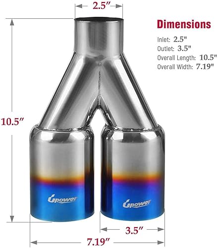 Miniatura 3 de Upower - Tubo de escape doble de 2.5 pulgadas con entrada de 3.5 pulgadas y salida de 2.5 pulgadas a 3.5 pulgadas, tono azul quemado, acero