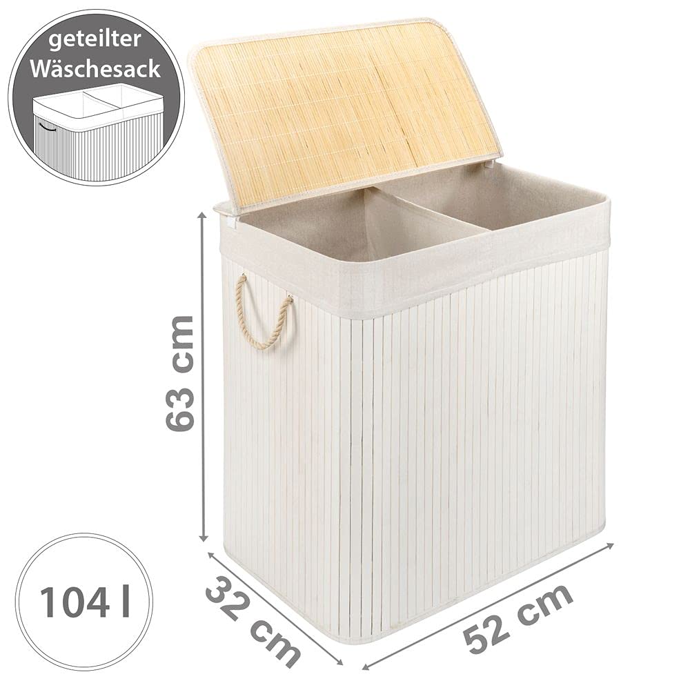 PANA®ECO Panier à linge en bambou avec couvercle (104 L) • Bac à linge avec sac amovible • Corbeille à linge pliable • Coffre à linge salle de bain • 100% bambou • Couleur : Blanc (52x32x63 cm)