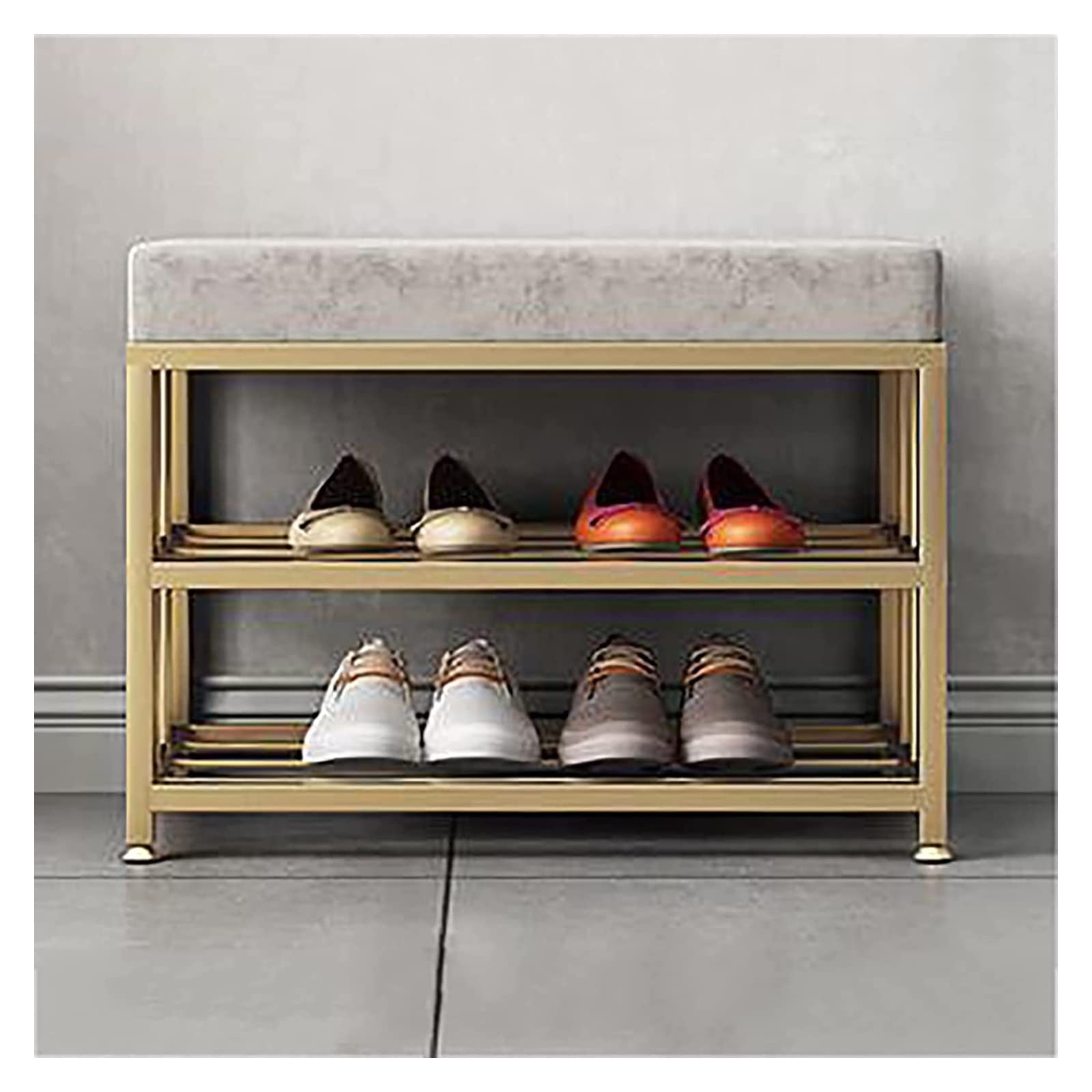 Banc à chaussures capitonné avec rangement en métal pour gain de place