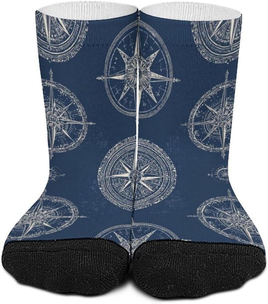 Calcetines Deporte 50cm, Rosa de los vientos Anclas de barco Azul náutico Antideslizantes Medias Deportivas Suaves Calcetines para Hombre Deporte Senderismo