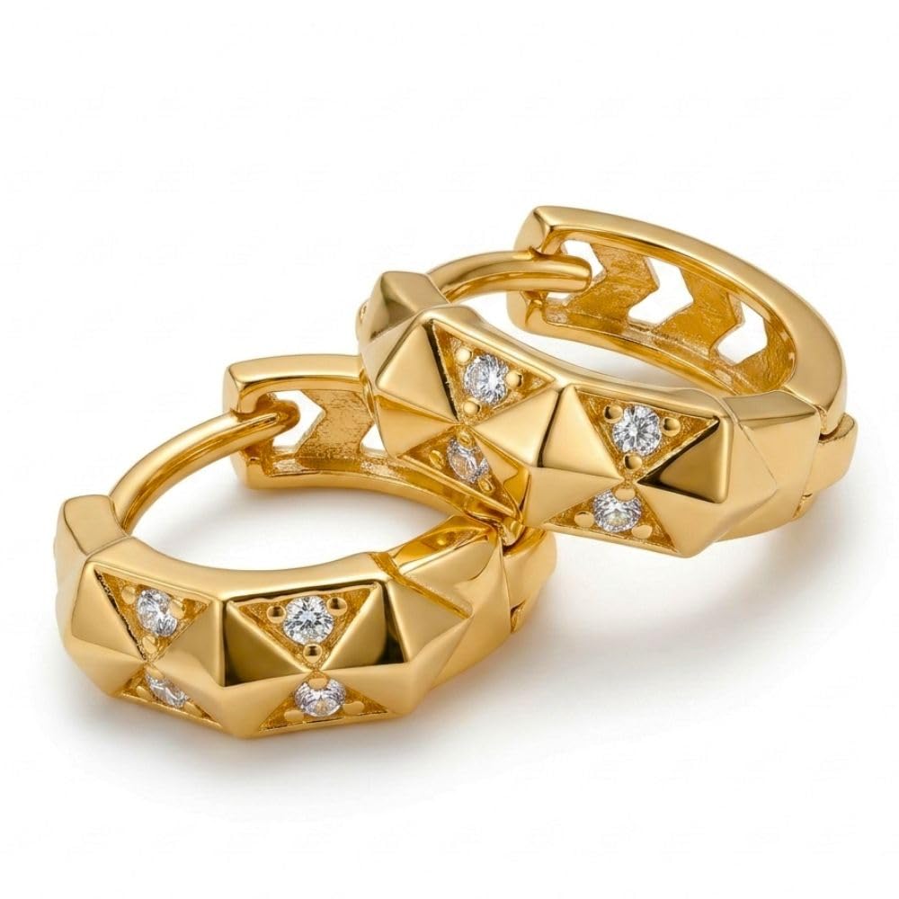 Gold Plated American diamond AD Hoop Earrings for Men & Women | Crystal Studded Huggie Hoop Bali Earrings | Geometric Chunky Small Hoop Earrings | Unisex Fashion Earrings for Daily Wear, Party, Office & Gift-image-2