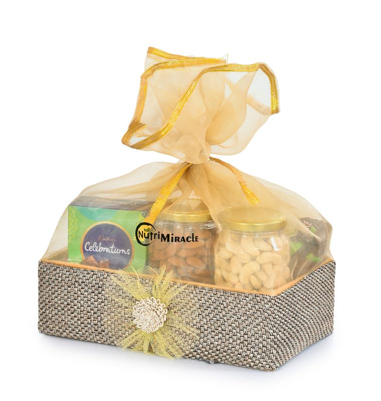 Image of NUTRI MIRACLE Diwali Gift Hamper Dubai Chocolates Dry Fruits Nuts with Laddu Candles for Employees, Parents, Friends