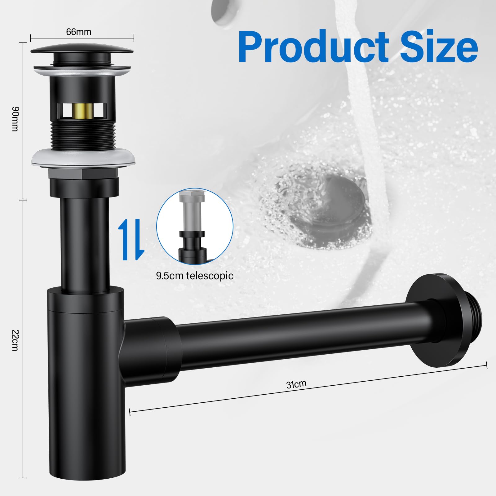Siphon Noir Rétro avec Bonde Trop-plein, 1 1/4 Laiton Universel Design Siphon Anti-Odeur, Kit de Siphon de Vidange， pour évier de cuisine et salle de bain