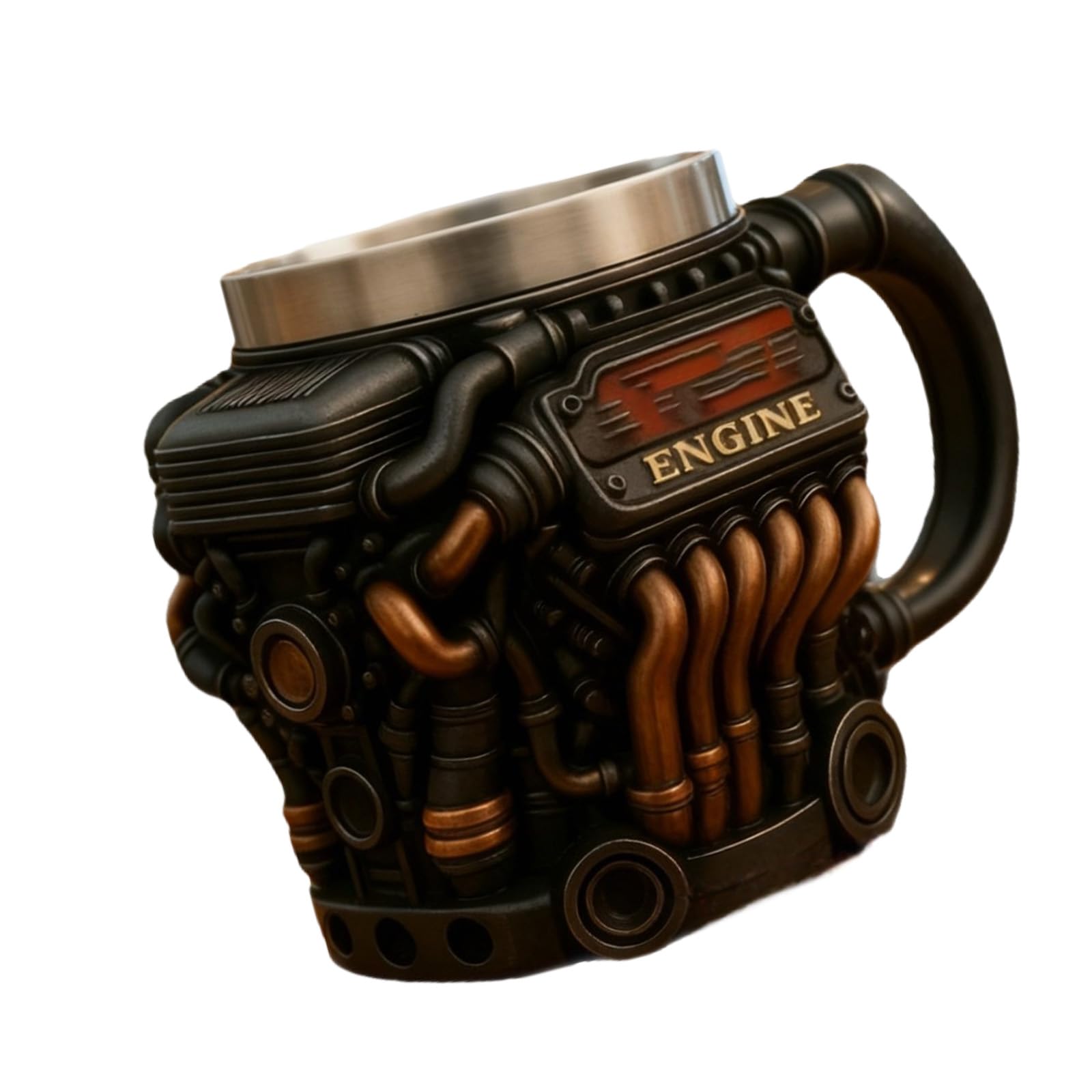 MALSSE Retro Mechanical Aesthetic Coffee Cup Resins Engine Mug with Steel Lining Great Car Enthusiasts and Mechanics Stainless Steels Lining Mug