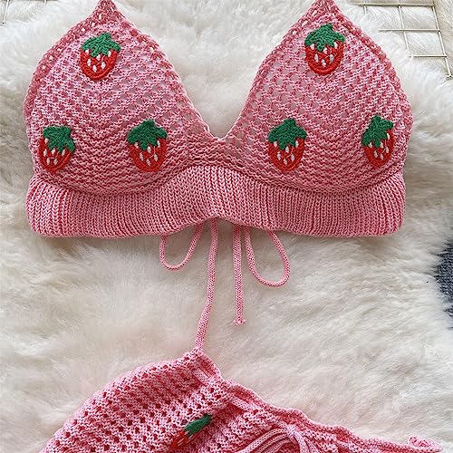 Women Crochet Knitted Two Piece Outfit Hollow Out Bikini Halter Top and Mini Skirt Swimsuit Beach Cover Up Set4