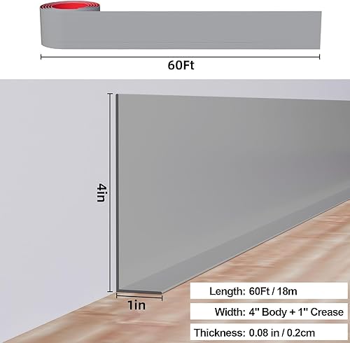 Miniatura 9 de Duzzy Moldura flexible para zócalo, 5 pulgadas de ancho x 60 pies de largo, moldura de goma para despegar y pegar, base de pared de vinilo